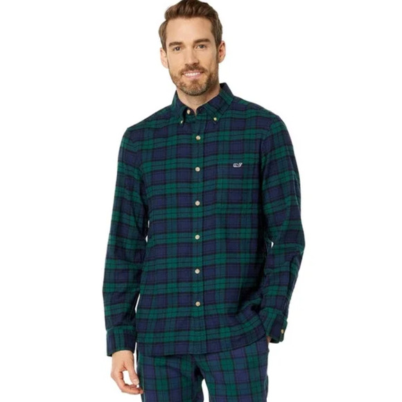 Vineyard Vines Mens Flannel Shirt Medium Blackwatch Button-Down Tartan Plaid - Picture 1 of 7